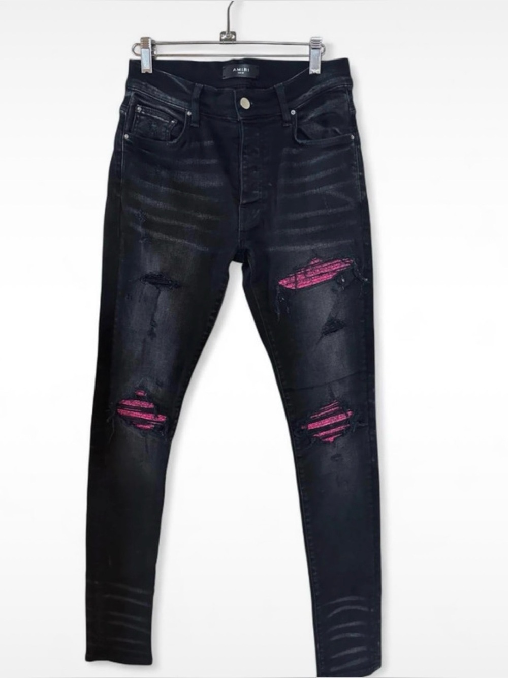 AMIRI Black Skinny Jeans with Pink Distressed Panels Men’s